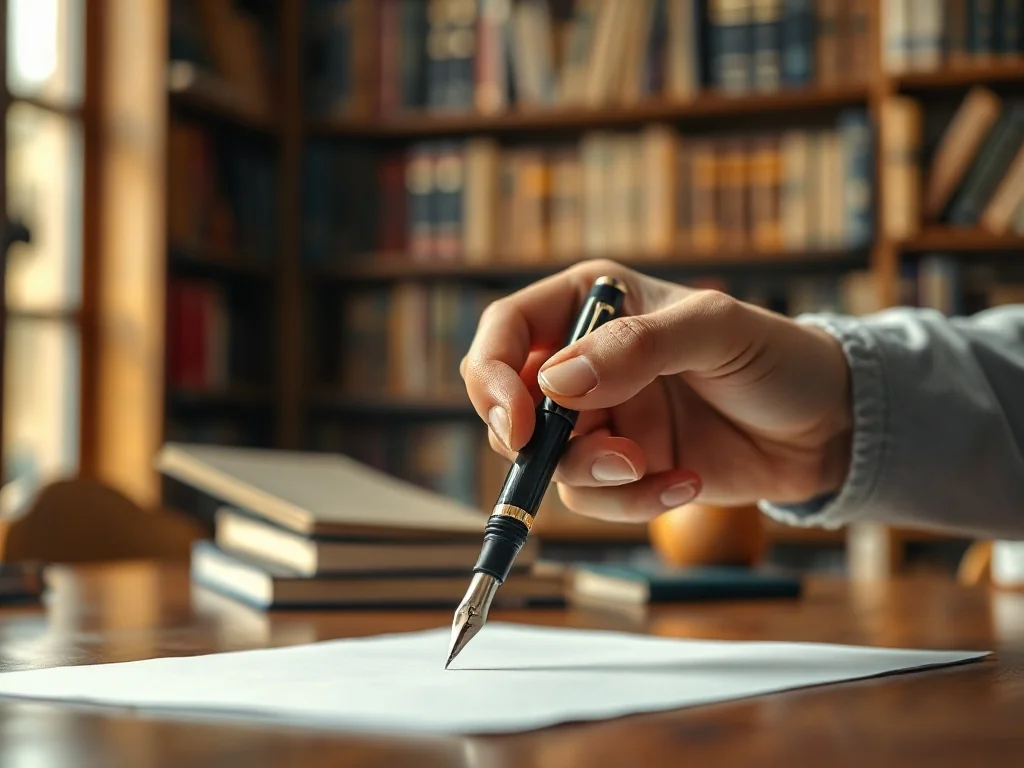 Dłoń trzymająca pióro nad czystą kartką papieru w przytulnej bibliotece, symbolizująca proces pisania i dbałość o język.