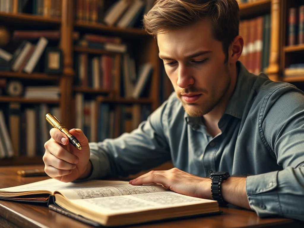 Mężczyzna zamyślony nad notatnikiem i piórem wiecznym w bibliotece, ilustrujący proces pisania i dbałość o poprawną pisownię.