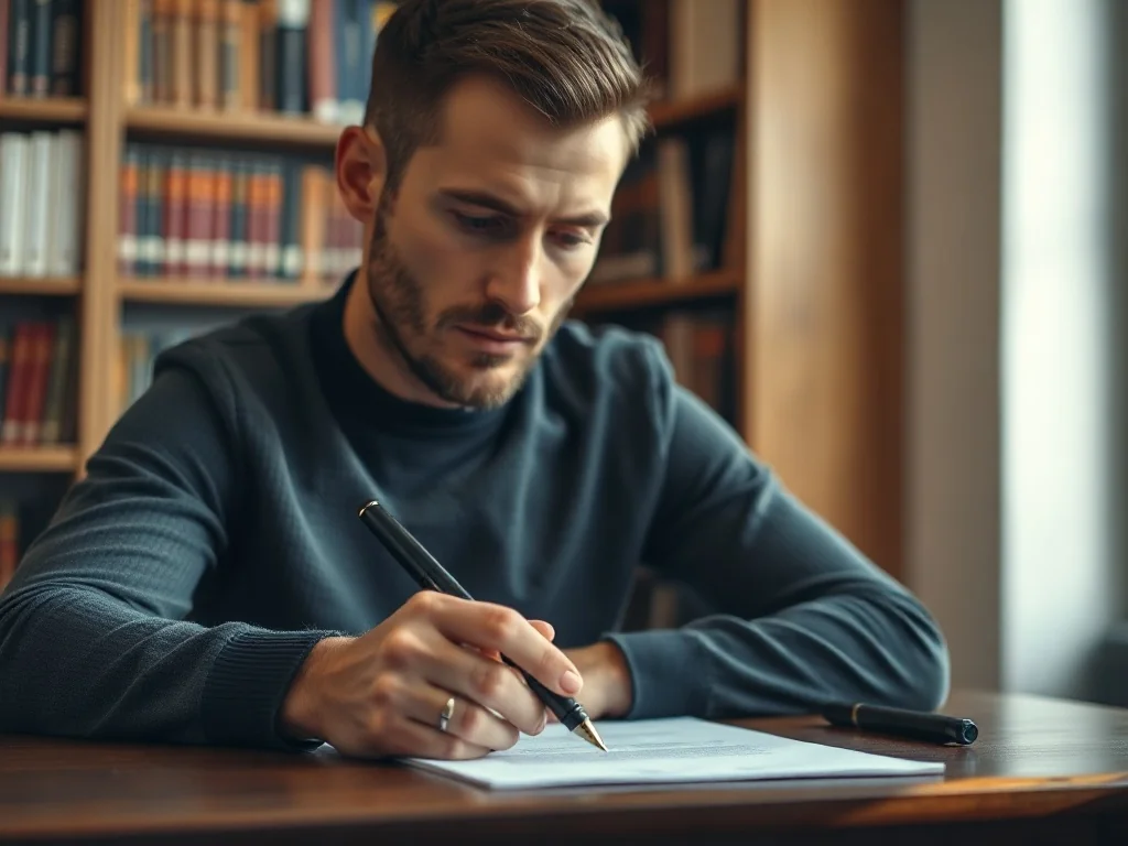 Mężczyzna przy drewnianym biurku z piórem w dłoni, skupiony nad czystą kartką papieru w bibliotecznym wnętrzu.